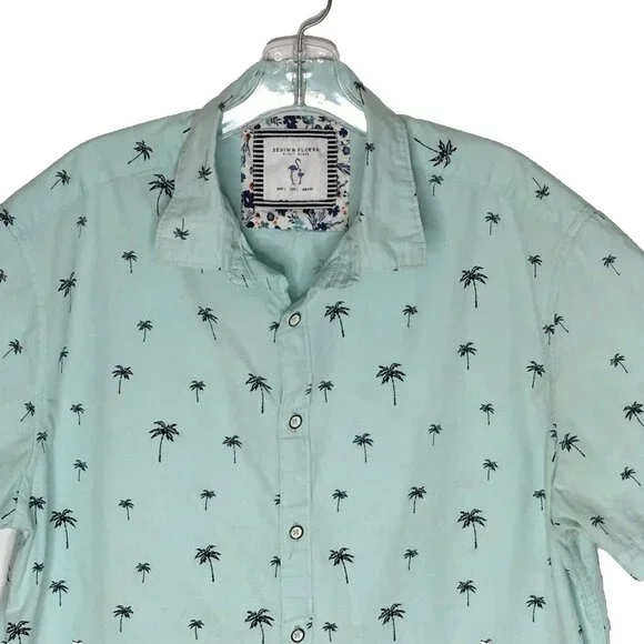 Denim & Flower Mens L Short Sleeve Button Down Shirt Baby Blue Palm Tree Print - Picture 3 of 13